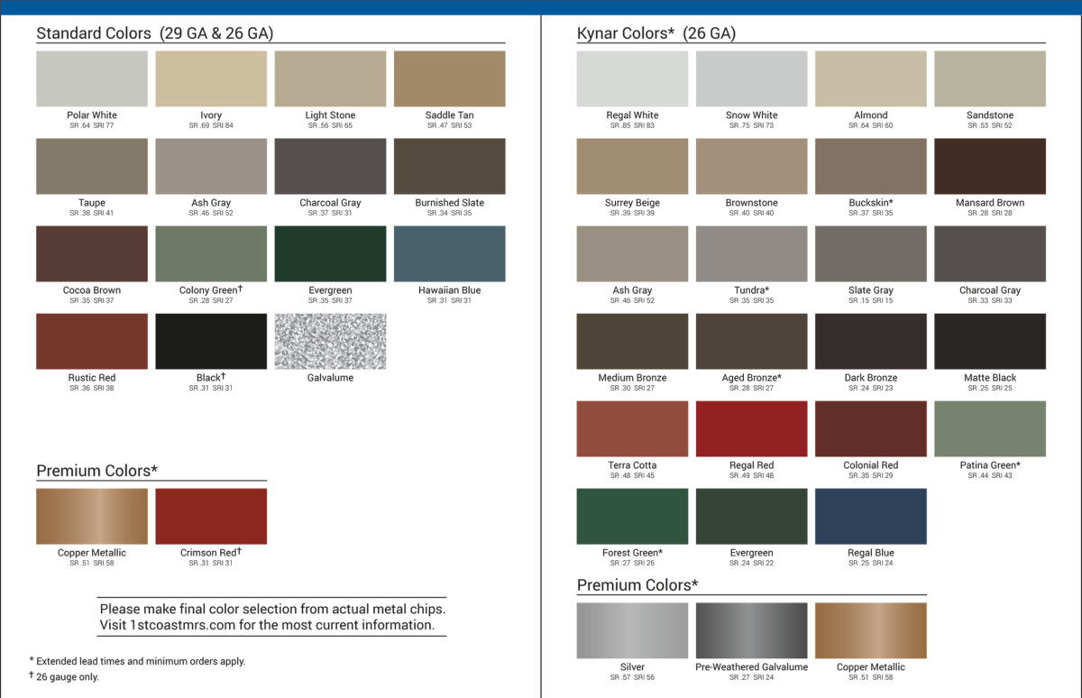 Color Chart - 1st Coast Metal Roofing Supply