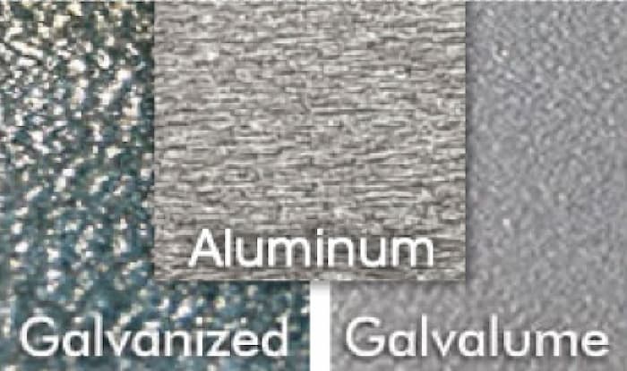 galvanized steel, galvalume, and aluminum comparison image
